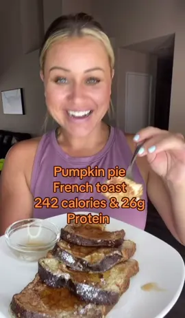 Pumpkin pie french toast for weight loss  ▪️4 Slices of Bread (Nature's Harvest Light)  ▪️150 g Egg Whites   ▪️1 tbsp Pumpkin Spice Skinny Syrup (Use as much or as little as you want/need.)  ▪️Walden Farms Maple Syrup   ▪️Swerve Confectioners Sugar   ▪️Optional: Cinnadust Instructions 		In a mixing bowl, whisk egg whites and skinny syrup.   		Dunk your bread in your egg wash on both sides and add to a pan on medium high.    		Optional: Sprinkle Cinnadust on top.   		Cook for a few minutes and then flip and top other side with Cinnadust.  		Remove from heat, sprinkle with swerve confectioners sugar and top with walden farms maple syrup!  ▪️▪️▪️MACROS: 242 calories, 26g protein, 36g carbs, 2g fat  (For 4 slices of French toast) #Foodie #EasyRecipe #lowcalorierecipe #highprotein #highproteinrecipes #weightlossjouney 