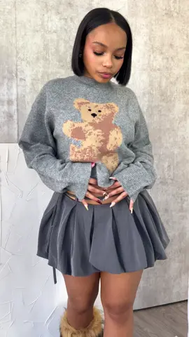Sweater szn has to be our favorite🧸  Top: “Hannah Bear Sweater Top”  Bottom: “Denis Woven Bubble Skort With String”  #fyp #edgebyks #bearsweater #howtostylesweater #winterfashion #OOTD 