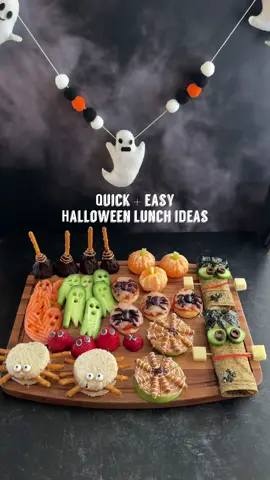 QUICK + EASY HALLOWEEN LUNCH IDEAS Welcome to episode 44 of my spooky eats series. Today I’m sharing with you 4 different quick and easy Halloween lunch ideas. That are so festive and extra delicious! Save this one for later and follow along for more spooky eats! Spider uncrustables: using a small jar press into preferred slices of bread. Spread desired nut or seed butter and jelly of choice. Stick 4 gluten free pretzels on each side. Place some nut butter on 2 candy eyes and place on top. Frankenstein wraps: Slice wrap in half, I used organic veggie wraps for mine. To one half spread mustard and mayonnaise. Top with turkey + provolone cheese, and roll up. Place cucumber + olives for eyes, roasted sushi for hair and stitching, and red bell pepper for mouth. Stick toothpick on both sides and add cubed cheese of choice. To the other half add tuna salad and follow same instructions for toppings. Mini naan pizza bites: spread some organic tomato sauce on garlic mini naans, sprinkle raw cheddar cheese or any shredded cheese you like on top, and bake on 350 F for 3-4 minutes. Top with an olive spider. Apple spider webs: spread nut or seed butter on apple rounds. Add 8 broken pretzels to top forming a star. Start at the center and drizzle circles using melted white chocolate around pretzels, run toothpick through the circles to create the web look. Using melted chocolate add a chocolate spider to the center. . . #spookyeats #spookyfood #spookylunch #halloweenlunch #halloweenlunchbox #halloweenfood #festivefood #halloweenfoodideas #halloweenideas #lunchboxideas