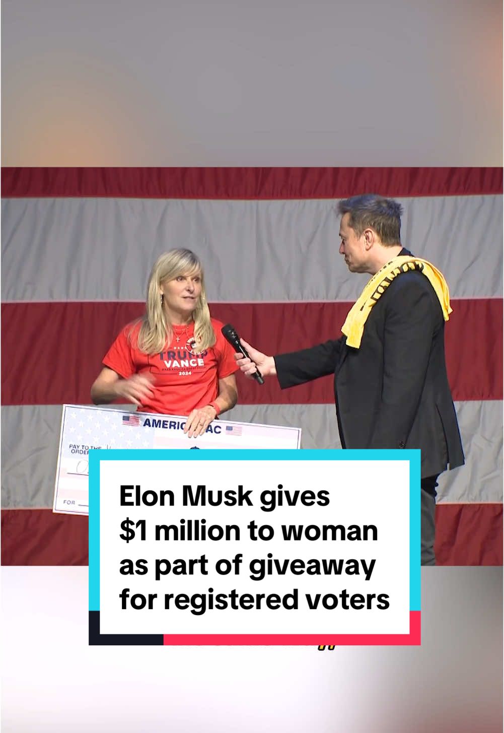 A woman in Pittsburgh was given $1 million from Elon Musk on Sunday as part of a giveaway to registered voters who sign his political action committee’s petition backing the Constitution. Musk, who’s gone all-in on Republican Donald Trump’s candidacy for the White House, is offering to give $1 million a day until the Nov. 5 election, to those who sign the petition, but the offer has sparked questions among election experts over its legality and Pennsylvania Gov. Josh Shapiro called the plan “deeply concerning.”  #elonmusk #pittsburgh #pennsylvania 