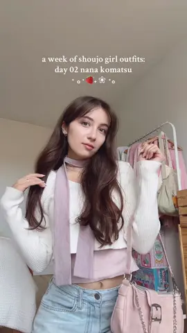 Shoujo girl outfits series 💓🍓 nana version in my style 🌨️ details:  Scarf: @Codibook 🔍805132 White cardigan: 🔍898799 on codibook Jeans: @Lewkin Light Blue Wide Jeans OA314 (🍓use code FLOOHRA on lewkin 🍓) Bag: 🔍820678 on codibook #nana #hachi #shoujooutfit #shoujo  #jfashion  