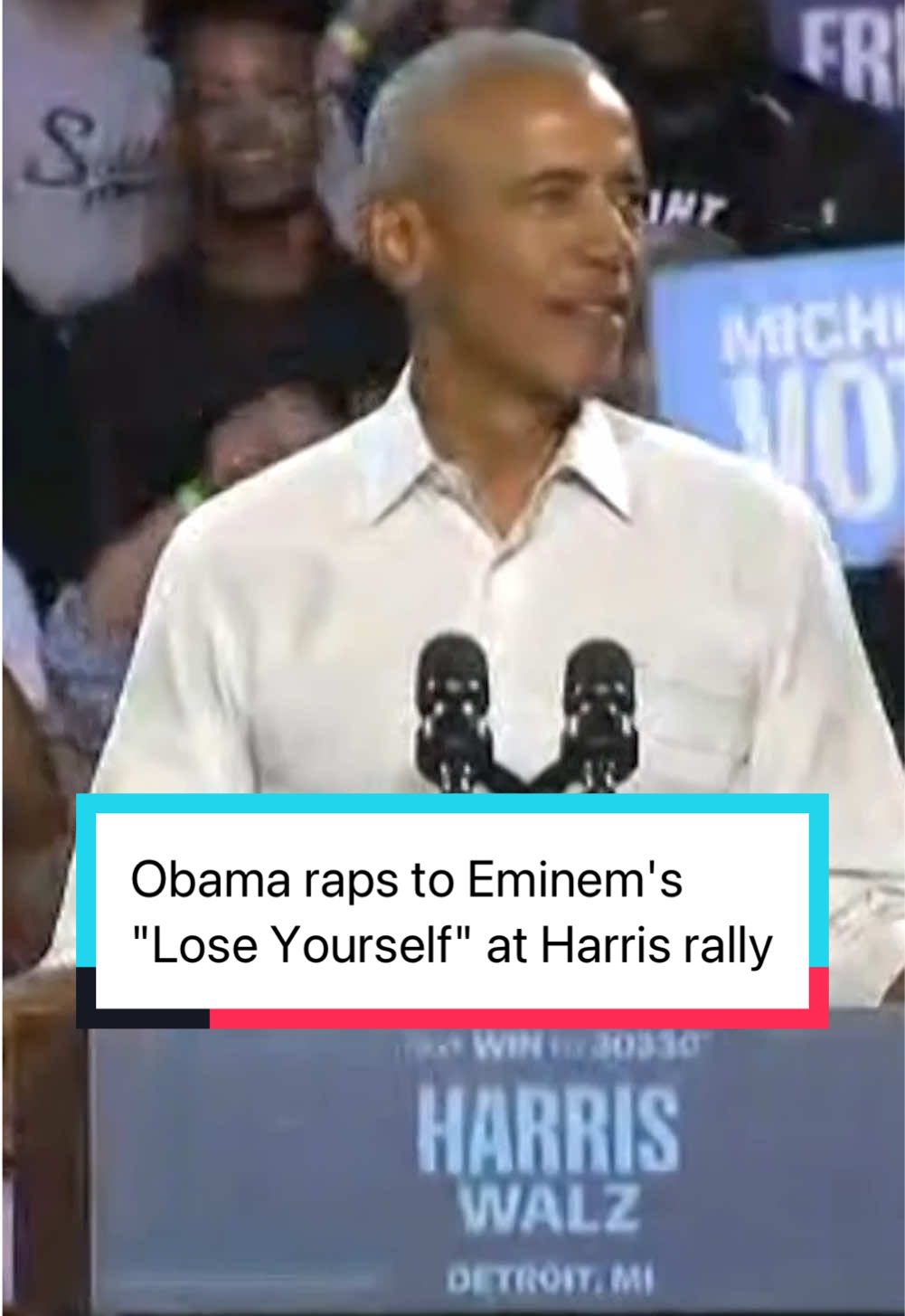 Former President Obama revved up a crowd of Kamala Harris supporters at a rally in Detroit when he began rapping to Eminem's 
