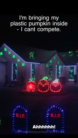 It’s a full-blown concert! 😂 #thunderstruck #halloweenlightshow #lightshow #halloweendecor #lasers #fire #acdc #metal #rock #halloween2024 #pumpkin #pumpkinseason 