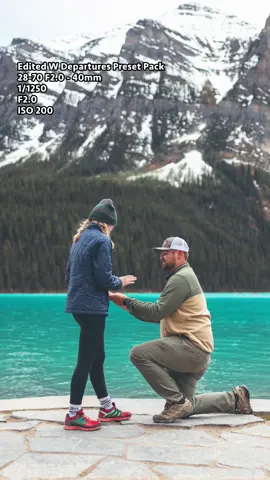 “I’m so sorry he roped you into this!” Btw our Departures Preset Pack is available now, link in bio! • #proposal #photography #banff #surpriseproposal #photosession #photoedit #banffphotographer #engagement #editing #gopro #360 #360camera #shesaidyes #edit #photo #undercover #mountains #presets #departures 