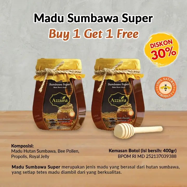 Periode Kedaluwarsa: 24 bulanMadu Sumbawa Super 400gr Rasa : ManisDikirim (2 Botol)Madu Murni Alami (Madu Hutan Aseli)Madu dengan tambahan Bee Pollen + Royal Jelly + PropolisBahan Kemasan : Botol Plastik Yang Cantik (Bahan yang recommended untuk bahan makanan cair)Madu yang berasal dari hutan sumbawa, yang setiap tetes madu diambil dari yang berkualitas. Mengandung Bee Pollen, Royal Jelly dan Propolis Alami.Khasiat:-        Meningkatkan stamina dan daya tahan tubuh.-        Mencegah dan mengobati typus, maag, DBD.