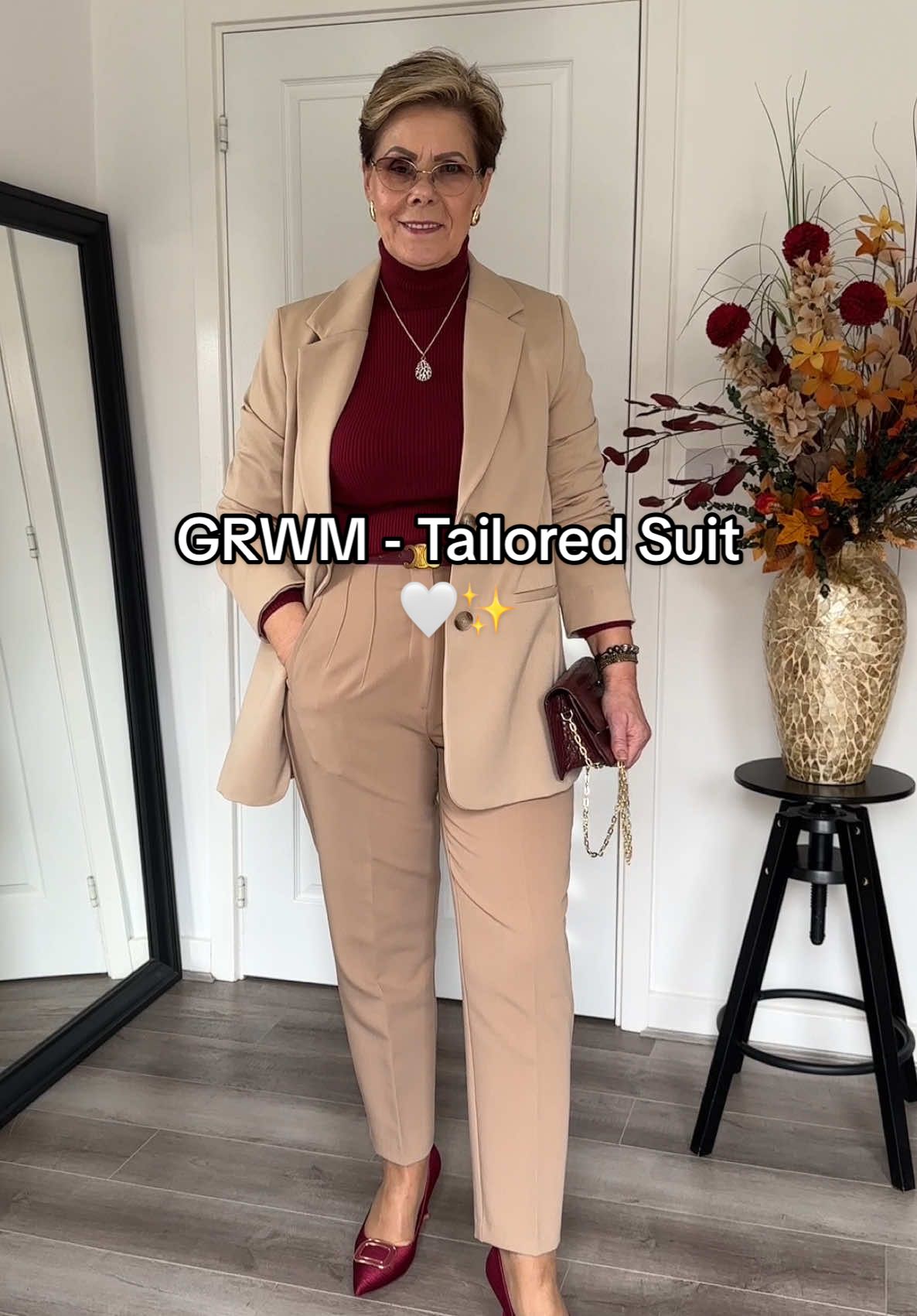 GRWM - Tailored Suit 🤍 Absolutely obsessed with styling this beautiful tailored suit set with a pop of burgundy! 🍇 So stunning - very chic and professional! Love love it! 😍🙌🏻✨ 🤍 Outfit Details: •Blazer @New Look Online  •Trousers @ZARA  •Shoes & Jumper @SHEIN @SHEIN UK  •Bag @Mango  classy autumn outfits, classy night out look, classy aesthetic, classy outfits women, over 60 fashion, outfit inspo, outfit ideas #classyautumnoutfits #classynightoutlook #classyaesthetic #classy #over60fashion #outfitideas #over40 #outfitinspo 