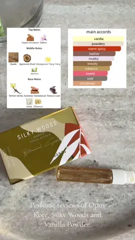 Wear testing perfume samples. I’m going to really work on getting through all of these so here is the first round that I have been able to fully wear test.  Opus Kore, Silky Woods and Vanilla Powder.   #perfume  #perfumes  #perfumereview  #perfumerecommendations  #perfumetiktok  #perfumetok  #fragrancetiktok 