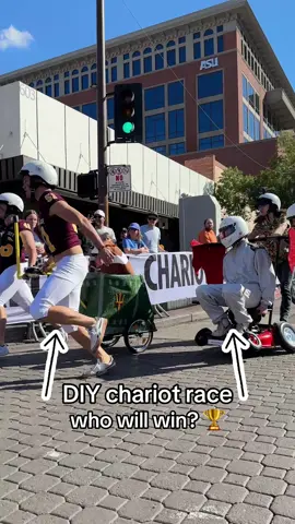 designed by smarticus, pulled by gluteus & maximus 😆 Swapping horsepower for leg day muscle, we called upon teams of four in Tempe, AZ, to build and race the wildest rides. The end goal? To score the crown and title of #RedBullChariotRace. Where should we race next? 🤔 #DIY #chariot #ASU 