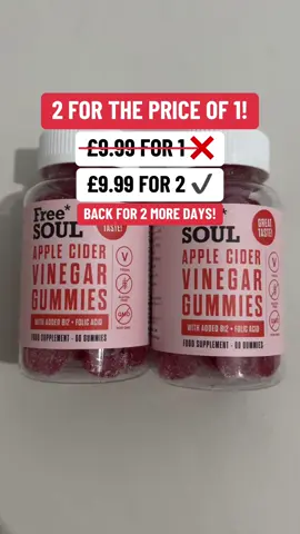 Get 2 bottles of Apple Cider Vinegar Gummies for the price of 1. Sale ends in 2 days! #acvgummies #applecidervinegar #applecidervinegargummies #freesoulgummies #gummies #supplements #guthealth #bloating #freesoulsuperbrandday 