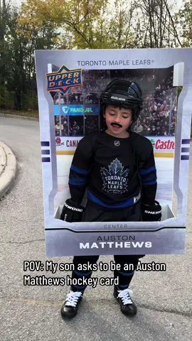 You know what to do!! Let’s help Grayson meet Auston Matthews and show off his 1 of 1 hockey card costume!! 🙌  @Toronto Maple Leafs   #austonmatthews #mapleleafs #torontomapleleafs #Toronto #halloweencostume #halloween #costume #hockeycards 