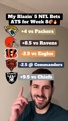 My Blazin’ 5 NFL Bets ATS for Week 8🏈🔥 #greenscreenvideo #sportsbetting #sportsbettingtiktok #sportsbettingeducation #locks #parlay #props #playerprops #nfl #nflfootball #NFLPlayoffs #madden #fantasyfootball #bears #chiefs #eagles #bengals #ravens #packers 