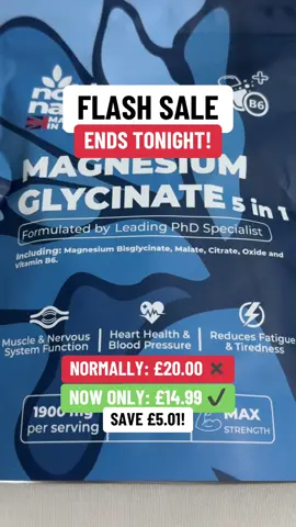 The Flash Sale for the Magnesium Glycinate 5-in-1 supplement ends tonight. Grab a bag today before the sale ends! #magnesium #magnesiumbenefits #supplements #magnesiumglycinate #magnesiumglycinatebenefits #magnesiumcitrate #magnesiumdeficiency #tiktokshopmademebuyit #hearthealth #bonehealth #electrolyteimbalance #fatigue #teethhealth #dentalcare #bloodpressure 