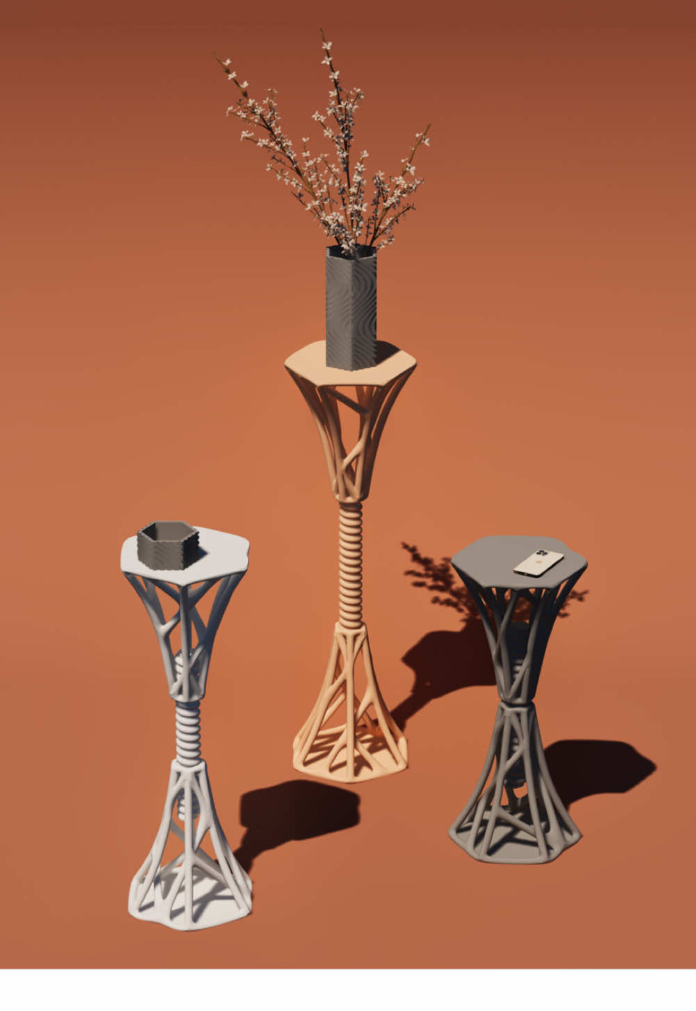 3D Printed Screw Table is available now at steinforthstudio.com or on Etsy! 📐 | The Hexfinity Screw Table is your versatile companion, perfect for displaying planters, vases, drinks, or any cherished items. Ingeniously designed with a screw mechanism, this adjustable side table seamlessly connects its top and bottom pieces, allowing you to tailor its height between 20 and 30 inches to suit every need. | #steinforthstudio #3dprinting #3dprint #3dprinter #3dprinted #furniture #homedecor #3dprintedfurniture #3dprintedmodels #3dprintingworld #furnituredesign #sidetable #organicdesign #furnituredesign 