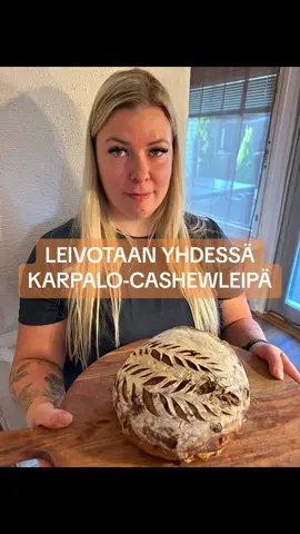 KARPALO-CASHEWLEIPÄ HAPANJUUREEN🧡 Tiesitkö sä, että kaikkien rakastama karpalo-cashewleipä on oikeesti tosi helppo tehdä kotona itse, jos sä omistat hapanjuuren.  Ja jos et omista hapanjuurta vielä, niin sekään ei haittaa, koska multa sä voit helposti tilata sellasen laittamalla mulle yksityisviestiä.🧡 Ainekset: -Aktivoitu hapanjuuri 100g -Vesi 325g -Vehnäjauho 500g -Suola 10g 2 dl kuivattua karpaloa 2 dl cashewpähkinöitä Ohje: -Sekoita kaikki muut paitsi karpalot ja pähkinät yhteen ja anna taikinan tekeytyä peitettynä 1 tunti. Tässä välissä voit pilkkoa pähkinöt ja karpalot valmiiksi pienemmiksi.  -Tunnin jälkeen taittele taikinaa 30min välein 3 kertaa. Kaada jo ensimmäisen taittelun aikana pähkinät ja karpalot taikinan sekaan. Ne sekoittuu hyvin joukkoon taitteluvaiheissa, älä siis vaivaa niitä taikinaan.  -Anna taikinan olla kunnes se on melkeen tuplaantunut ja kohonnut, (noin 4-6h) -Muotoile taikinasta tiivis pallo ja aseta se jauhoitettuun kohotuskoriin tai muovikulhoon. -Kohota jääkaapissa vähintään 6-8h peitettynä. (Maksimi kohotus aika 48 h) -Aseta uunin lämpötilaksi 250 astetta ja aseta pizzakivi tai uunipelti uuniin kuumenemaan. Kun uuni on 250 asteinen, odota vielä 10 minuuttia.  -Aseta leipä kuuman pizzakiven/uunipellin päälle ja pienennä uunin lämpötilan heti 230 asteesee. -Paista leipää 40 min. Lisää uunin pohjalle heti paiston alkuvaiheessa pieni kourallinen jääpaloja tai yksi iso jääpala antamaan kosteutta ja toista sama vielä 10 minuutin paiston jälkeen.   -Kun otat leivän uunista, anna sen jäähtyä 1-2 tuntia puisen alustan päällä ennen kuin leikaat leipää.  säilytä leipä aina leikkuupinta alaspäin puisen laudan päällä. Näin se säilyy tuoreena pidempään.  #hapanjuuri #hapanjuurileivonta 