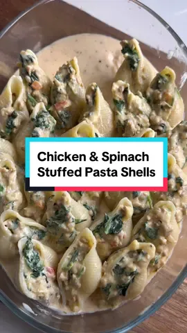 Chicken & Spinach Stuffed Pasta Shells Filling: - 500g chicken mince - 2 tbsp oil - 2 cloves garlic - 1 small onion or shallot  - 1 red or green pepper  - 1 tsp paprika - 1 tsp oregano - 1 tsp onion powder - 1 tsp garlic powder - ½ tsp red chilli flakes - ¾ tsp salt or to taste - ½ tsp black pepper - 200g baby spinach - 250g ricotta cheese - 75g shredded mozzarella Cheese sauce: - 30g unsalted butter - 2 cloves garlic - 20g plain flour - ½ tsp paprika - ½ tsp red chilli flakes (optional) - 1 tsp onion powder - 1 oregano - ½ tsp black pepper - ½ tsp salt or to taste - 500ml milk - 100g shredded cheddar cheese Pasta bake: - 500g giant pasta shells - Shredded mozzarella & cheddar to top - Sprinkle of oregano Cover with foil and bake in preheated oven at 180C for 20 minutes, remove foil and broil for 5-10 minutes until golden top forms. I managed to make 2 shallow tray bakes with the above recipe, one tray served 4 people (I sent one to my neighbours and they loved it, or you could freeze one for a later date - for all that effort, might as well reward your future self too! Just leave out to defrost for a few hours before baking) #pastarecipe #pastabake #comfortfood #EasyRecipe #pastalover #creamypasta 