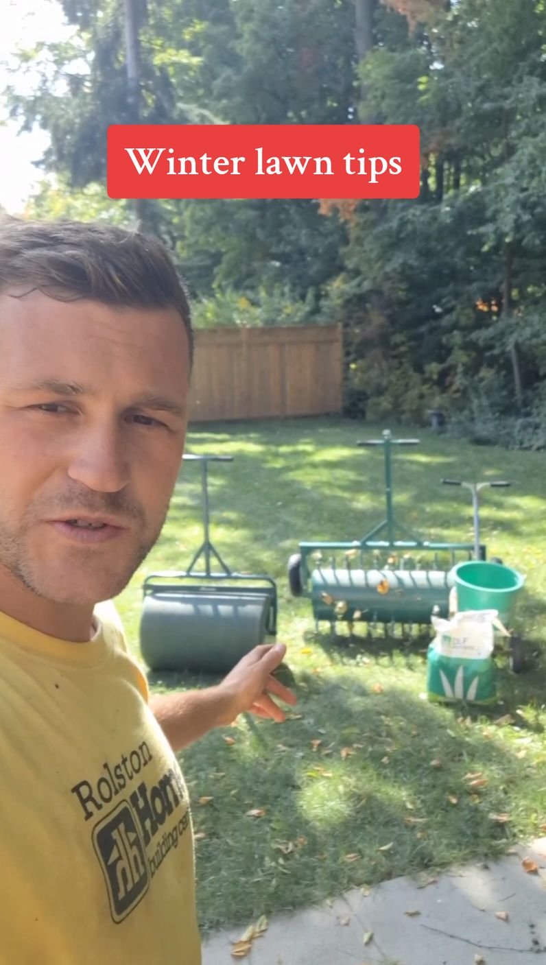 How to keep your yard healthy over the winter, I like to start by aerating, then overseed with a good quality grass seed and finish with a fertilizer ( slow release is best)  Come spring your lawn will still look healthy. Thick and green #yardmaintenance #yardwork #yardtips #yardcare #yardtools #lawnwork #lawntips #lawncare #falllawncare #winter #winterlawncare #diylandscaping #diylawncare #diyproject #homerenos #homeownership #homemaintenance #homeprojects #diytips #handymanservices #handymantips 