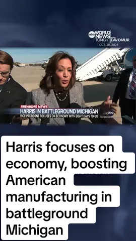 In an all out sprint to Election Day, Vice Pres. Kamala Harris is focusing on the economy and boosting American manufacturing in her pitch to voters in battleground Michigan. Mary Bruce has details.  #worldnewstonight 