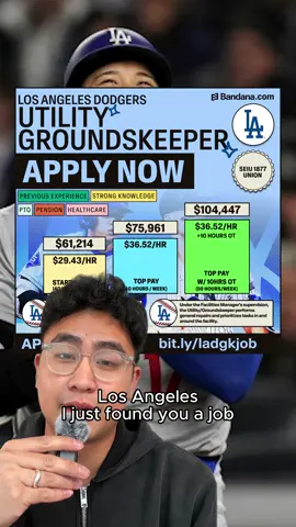 Los Angeles I just found you a job because the LA Dodgers are hiring for a groundskeeper! ⚾️ LA get that money 💰  #lajobsearch #lajobs #jobsearch #work #jobs #dodgers #ladodgers #dodgersstadium #salary #salarytransparency #losangeles 