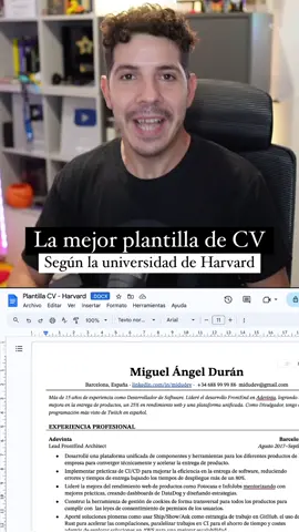 Puedes usar la plantilla entrando en esta página: midu․link/cvt Ojo, en otros sectores (diseño...) pueden funcionar mejor otras... pero en programación y casi cualquier trabajo de IT, esta funciona muy bien. #curriculum #programadores #software #trabajoit #programacion