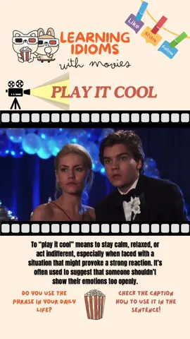 📕 Play it cool 💛Meaning: To “play it cool” means to stay calm, relaxed, or act indifferent, especially when faced with a situation that might provoke a strong reaction. It’s often used to suggest that someone shouldn’t show their emotions too openly. 🧡Example: Even though she was excited about the job offer, she played it cool and calmly accepted without showing too much eagerness. #idioms #learnidioms #englishlearning #englishlessons #englishmovie #englishdaily #englishteacher #englishlearner #englishonline #learnwithtiktok #forupage 
