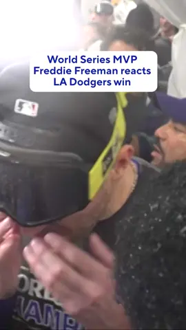 Watch 2024 World Series MVP first baseman Freddie Freeman share his thoughts on the Los Angeles Dodgers championship season in the clubhouse after the team's title-sealing win over the New York Yankees in Game 5. Tap the link in our bio for highlights, parade details, and more. #FreddieFreeman #World Series
