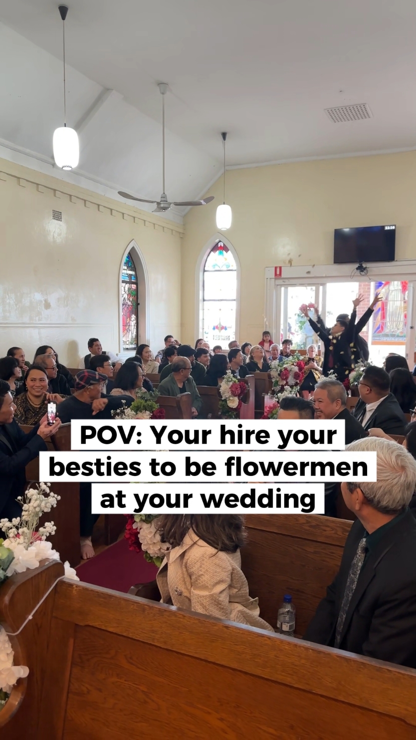 They understood the assignment! 🙌 Petals, bum bags, and vibes. 🤣 Love this entrance, it makes me laugh every time! 🤣 Video by @Captured BTS. #Flowermen #FunWeddingIdeas #CeremonyEntrance #WeddingCeremony #SydneyWeddingPlanning 