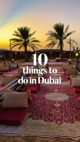 🇦🇪 10 things to do in Dubai ⬇️⁣ ⁣AD  🌅 1. Sunrise Hot Air Balloon Ride⁣  @Hero Balloon Flights Dubai is SO much more than just the balloon ride. You’ll arrive in the desert and be welcomed with Arabian coffee & a drone show, get up close & personal with a falcon and be treated to a luxurious breakfast spread after your balloon flight.⁣ ⁣ 🏝️ 2. Kyma Beach Club⁣ Spend a day chilling at Kyma Beach Club - a stylish beach club that will make you feel like you’re in Mykonos, stay long enough to dine at their Greek restaurant too.⁣ ⁣ 🌆 3. The View at The Palm⁣ Head here for one of the best viewpoints in Dubai and to witness the most amazing sunset. It’s worth getting tickets to both levels (52 &54) for uninterrupted panoramic views.⁣ ⁣ 🌌 4. AYA Universe⁣ Make your way through 4000 square feet of interactive experiences and jaw-dropping light & sound installations at @AYA Universe – the perfect activity to do in Dubai to avoid the midday heat.⁣ ⁣ 🍝 5. Lunch at Riviera at @TheLanaDubai ⁣ Not only does thus restaurant have an award-winning chef Jean Imbert, but it also has award-worthy views! Here you will enjoy spectacular Mediterranean dishes that will transport you to the south of France.⁣ ⁣ 🤖 6. ⁣ @Museum of the Future is a mind-blowing space where innovation, technology, and futuristic ideas come together to show us what the world could look like in 50 years. ⁣ ⁣ 🏺7. Explore Al Seef⁣ Explore the historic old town of Dubai and check out all the vibrant souks of Al Seef in a guided walking tour which includes a journey on an abra (wooden boat) across Dubai Creek.⁣ ⁣ 🌺 8. Miracle Garden⁣ @MiracleGardenDubai is an impressive theme park filled with 150 MILLION flowers, amusement rides & games, mini golf and lots of cafes, parades, restaurants & shops⁣ ⁣ 🐪 9. Desert Safari with @Platinum Heritage ⁣ During this half-day tour to the desert, you will experience a 1-hour nature safari, a special sunset falcon show and a traditional four-course dinner at a magical torchlit Bedouin camp.⁣ ⁣ 🍸 10. High Society⁣ This ultra-chic rooftop pool & bar on the 30th floor of The Lana offers 360° views across Downtown Dubai, with the Burj Khalifa front and centre.⁣ ⁣ @Visit Dubai ⁣ ⁣ ⁣ ⁣ Things to do in Dubai at night. Activities in Dubai. Best restaurants in Dubai with a view. Dubai beach clubs. Museums in Dubai. Rooftop pools in Dubai. Dubai activities to do. Places to visit in Dubai. Dubai travel guide. What to do in Dubai. Dubai travel tips