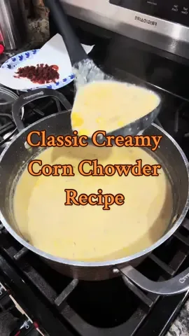 Classic Corn Chowder Recipe Ingredients: Bacon (4 slices, diced) Medium Onion (finely chopped) Garlic (2 cloves, minced) Russet Potatoes (3, peeled and diced) Corn Kernels (4 cups fresh or frozen) Chicken Broth (4 cups) Heavy Cream (1 cup) Whole Milk (1 cup) Celery Stalks (2, chopped) Jalapeno (1, diced) All-Purpose Flour (2 tablespoons) Smoked Paprika (1 teaspoon) Thyme (½ teaspoon) Salt and Pepper to taste Fresh Parsley, chopped (optional for garnish) Green Onions, chopped (optional for garnish) Instructions: In a large pot over medium heat, cook diced bacon until crispy, then remove with a slotted spoon and set aside. Add chopped onion, celery, and red bell pepper to the bacon fat and sauté for 5-7 minutes until softened. Add minced garlic and cook for another minute. Sprinkle flour over the vegetables and stir to coat, cooking for 1-2 minutes, then add smoked paprika and thyme. Stir in diced potatoes and pour in chicken broth, bringing to a boil, then reduce heat and simmer for about 15 minutes until potatoes are tender. Add corn, bring to a boil, and simmer for another 5 minutes. Ladle about a third of the chowder into a blender and blend until smooth (or use an immersion blender to partially blend in the pot), then return the puree to the pot and stir to combine. Lower heat and add heavy cream and whole milk, warming gently for 5-7 minutes. Season with salt and pepper to taste. Ladle into bowls and garnish with crispy bacon, fresh parsley, and green onions if desired. Enjoy!!  #cornchowder #creamycornchowder #soup #soupseason #souprecipe #Recipe #fyp 