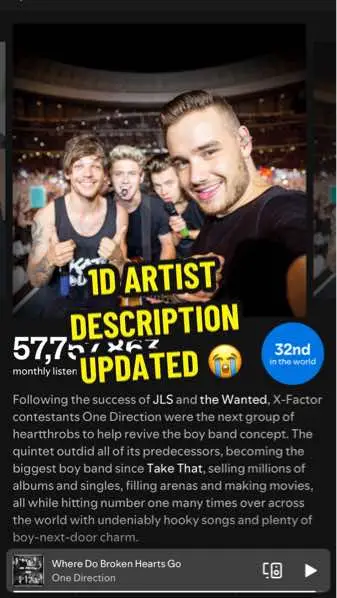 NOOOO 😭💔 This absolutely broke my heart, when did this change happen 😫 This is in the boys’ artist description on Spotify for One Direction. 😢😢😢 #liam #liampayne #onedirection #1d #1dforever #onedirectionreunion #spotify 