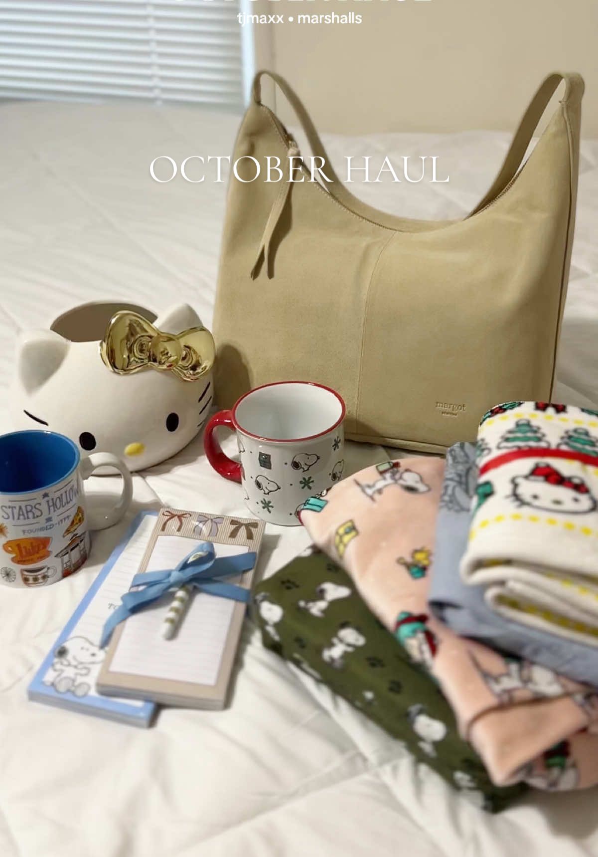 my october finds 🍂 october flew by for me, I can’t wait to see more christmas finds tho!! ❄️ •  #tjmaxx #marshalls #haul #fall #fallaesthetic #suede #margot #hellokitty #mug #gilmoregirls #shopping #snoopy #peanuts #pajamas #sanrio #purse 