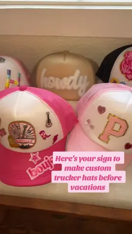 These were so much fun to make before our cruise! Highly recommend going to hobby lobby to get $2 trucker hats and patches!  #truckerhat #DIY #diyfashion #customhats #diyproject #vacation #vacationmode #patches #doityourself #hats #hobbylobby #craft #crafting 