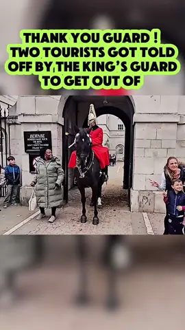 Thank you guard ! Two tourists got told off by the king’s guard to get out of #kingsguard #kingshorse #royalfamily #royalguard #horsegiardsparade #fyp #viralvideos #military #royalhorse 