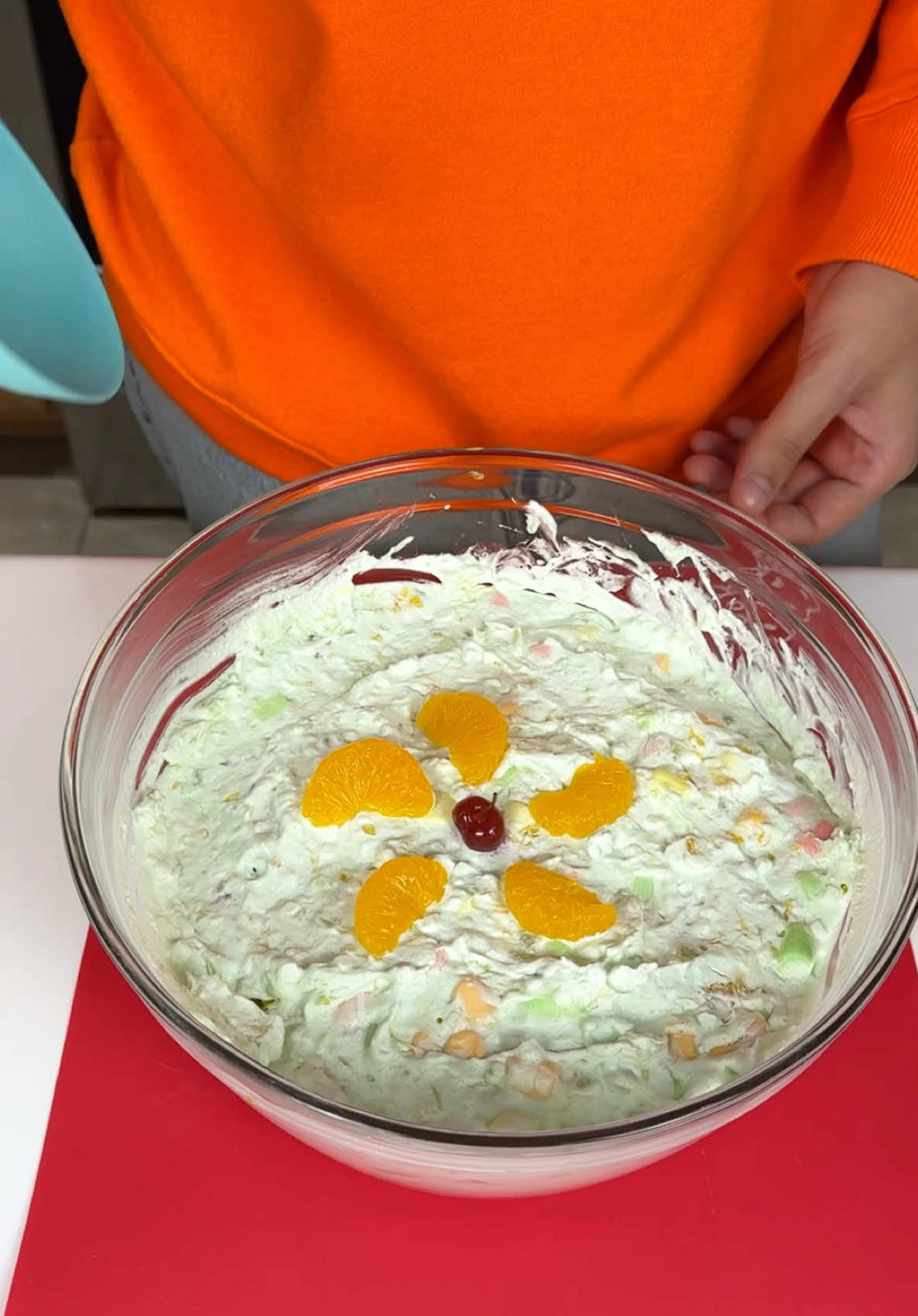 My aunt taught me this holiday dessert! Kyra makes an easy no bake lime jello salad with cottage cheese that was inspired by her aunt. #auntie #aunt #EasyRecipe #holiday #holidays #lime #cheese #christmas #salad #dessert #EasyRecipes #thanksgiving 