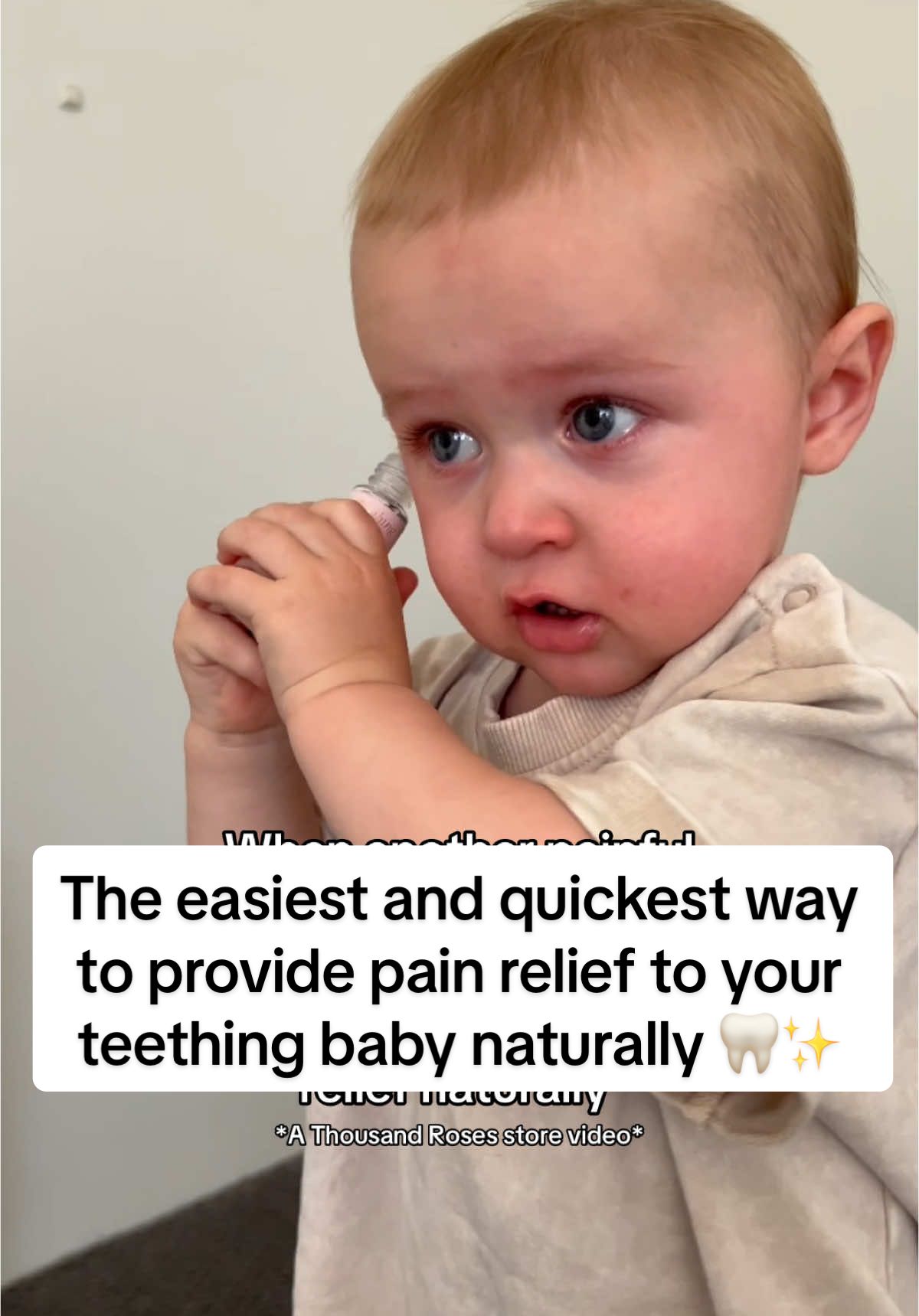 Say goodbye to painful teething 🦷✨ Without a doubt teething can be one of the most horrible periods your little one and you have to go through in the first few years of their little lives 🥺  The heartbreaking cries, the sleepless nights, the pain and discomfort can all come to an end in the easiest, quickest, safest and most gentle way!!!  Our TEETHING ROLLER is made from 100% pure and therapeutic grade oils that provides pain relief naturally making this time easier to go through for both bub and you 🫶🏼 Applying our solution along the jaw/ cheek area makes it so quick and easier as well as taking away the stresses of trying to use oral gels and med*cation unnecessarily!  TEETHING ROLER  Natural pain relief Anti-inflammatory properties  Reduces aches/throbbing Supports calming + relaxing Supports deeper sleep & better eating/drinking habits when pain subsides! *URGENT please be aware there are sc@memes out there stealing our content and using it as adds and on their website to promote their “products”! We are NOT associated with these websites/businesses in any shape or form!! We only sell our products from our website www.athousandroses.com.au  More information can be found on our website  www.athousandroses.com.au 🌹  Instagram: @athousandroses.store SHIPPING TO: AUS, CA, UK, US, NZ + more #momtok #baby #teething #toddler #natural #calming #lifesaver #painrelief #teethinghack #naturalremedy 