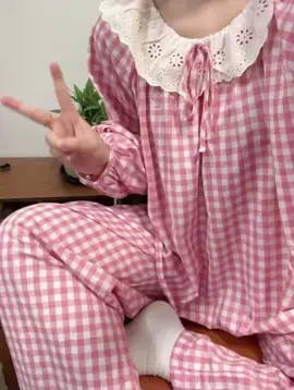 Bộ Đồ Ngủ Kẻ Caro Bộ Pijama NữThắt Nơ Xinh Xắn Áo Tay Dài Quần Dài Nhà Pink