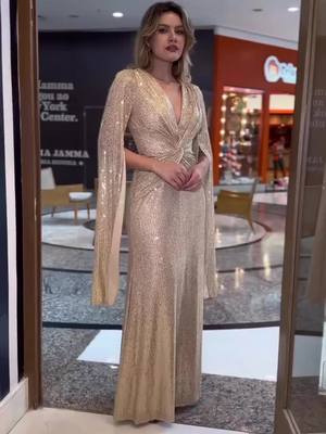 Xmas Hot Sales  Sequined V-Neck Evening Dress with Pleated Hem