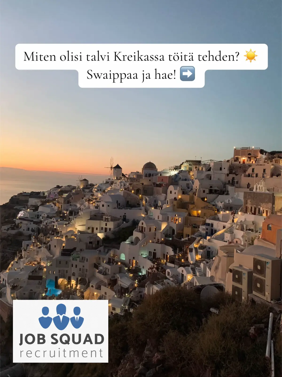 Onko sulla haaveissa lähteä ulkomaille töihin ja kerryttää arvokasta työkokemusta ja saada kunnon tauko Suomen talvesta? ☀️😍 Say less, alla ohjeet miten me tehdään rekrytointiprosessista selkeä ja vaivaton sulle! 1. Pistä viestiä täällä tai lähetä sähköpostilla hakemus ja ansioluettelo osoitteeseen nk@jobsqd.com 📧 2. Sovitaan puhelulle aika jossa käymme läpi sun työkokemuksen ja kielitaidon sekä tänhetkisen tilanteen 🇫🇮🇬🇧 3. Käydään läpi avoimena olevat työpaikat ja lähetetään hakemus sulle mieluiseen työtehtävään. (esim Kreikkaan 😉) Me neuvotaan ja ohjeistetaan sua koko rekrytointiprosessin ajan, ILMAISEKSI 🤝🏼 4. Valmennamme sut tulevaan työhaastatteluun ja autetaan käytännön asioiden kanssa (muuttopaketit yms) 5. Kohti uutta seikkailua ulkomailla työn kera! ☀️  Pistä viestiä jos herää jotain kysyttävää, me Job Squadilla autetaan mielellämme!  #gapyear #jobabroad #greece #customersupport #rhodes #chania #santorini #työelämä #työpaikka #ulkomaillaasuminen #ulkomailla #välivuosi #jobsquad 