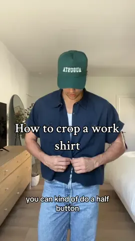 Cropped work shirt tutorial. Dickies sells these shirts for $24! Would you wear this? #vintagefashion #tutorial #croppedshirt #cropped #fitcheck #mensootd #thrifted #mensfashion #mensstyle #thrifttok #thriftfashion Hat: @Quiet Golf @Dickies 
