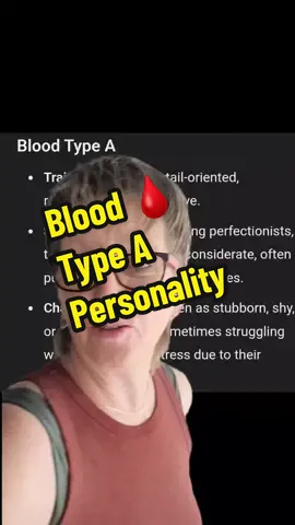 🩸Some cultures take blood type personalities very serious. I find it interesting as well. Type A personality  AI Overview According to some, people with type A blood have certain personality traits, such as being organized, responsible, and reliable:  Positive traits👍 Earnest, creative, patient, responsible, sensitive, loyal, considerate, and punctual  l Negative traits💀 Overly sensitive, anxious, stubborn, obsessive, pessimistic, and easily stressed  Other traits💡 Good at multi-tasking, perfectionist, attentive, consistent, and emotionally intelligent Preferred jobs✅️ Economist, librarian, accountant, or graphic designer   #personalitytraits #bloodtypes #positivemindset #astrologyvibes 