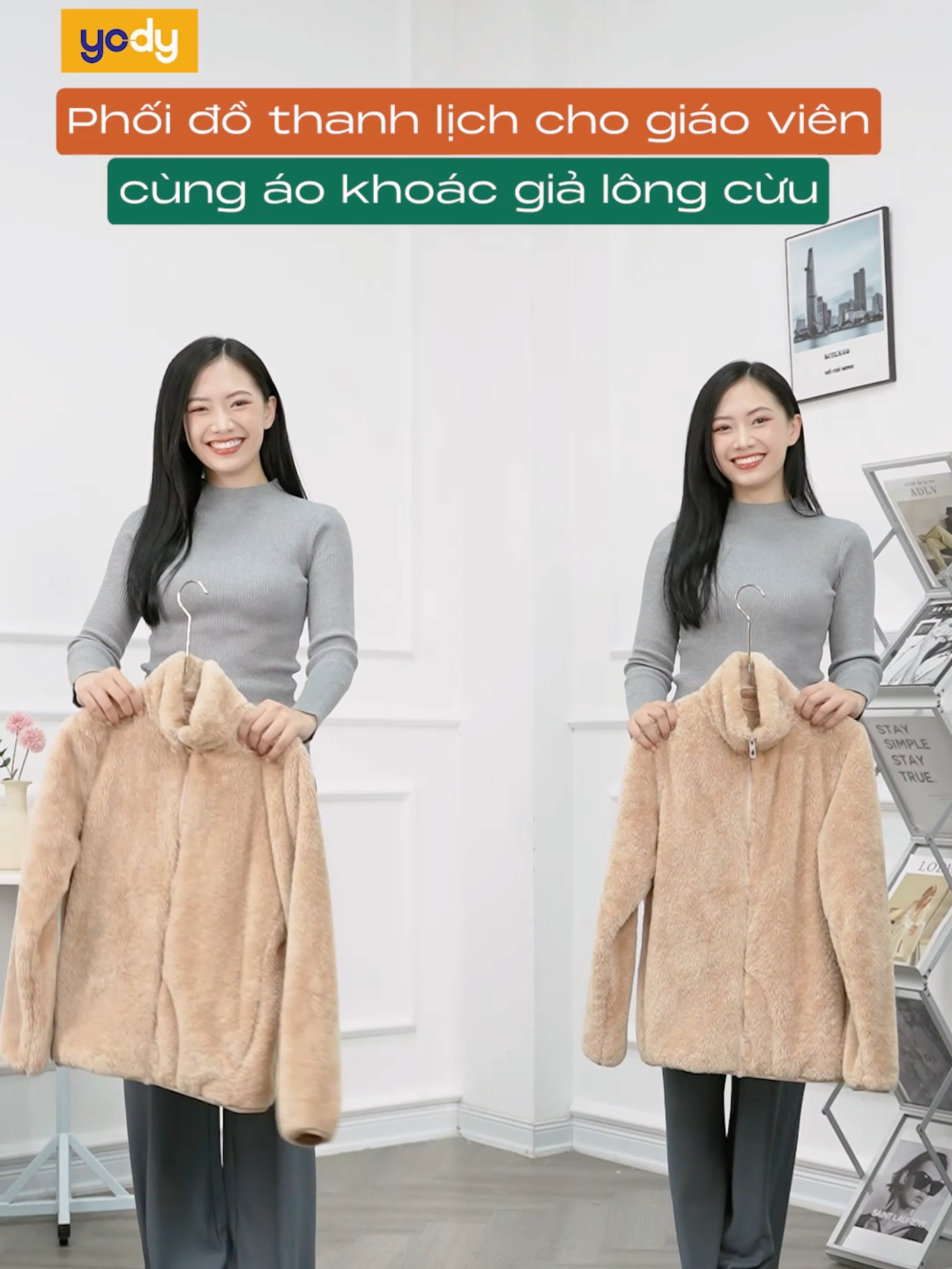 Gợi ý 2 cách phối đồ thanh lịch cho giáo viên cùng áo khoác giả lông cừu