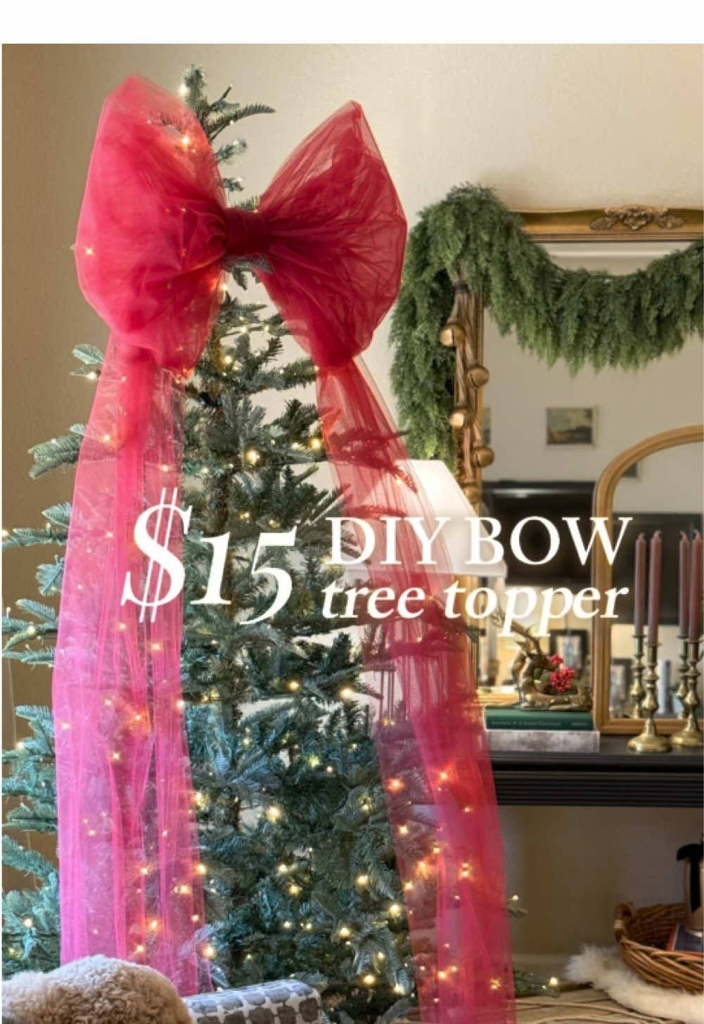 🎄✨ Transform your Christmas tree with this show-stopping DIY!  I’m completely obsessed with this stunning large tulle bow Christmas tree topper I made for under $15! 🎀  Let me know if you have any questions about this DIY!  #diychristmas #diychristmasdecor #budgetdecor #homedecor #christmasdecor 