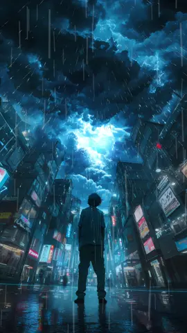 “Beneath the rain-soaked city night, a sudden glance upward reveals a sliver of light breaking through the storm clouds. Could hope be waiting beyond the tempest?”☔️ #aiart #wallpaper #壁紙 #sky #clouds #天気の子 #rain 