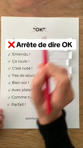 Arrête de dire OK ❌, c’est pour les débutants ! Toi, tu veux améliorer ton français ! Tu dois maitriser le vocabulaire pour devenir un expert ou une experte 💪🔥.  Utilise ces expressions plus recherchées pour progresser en un clin d’oeil 😉. #apprendresurtiktok #apprendrelefrançais #vocabulaire #francaisfacile 