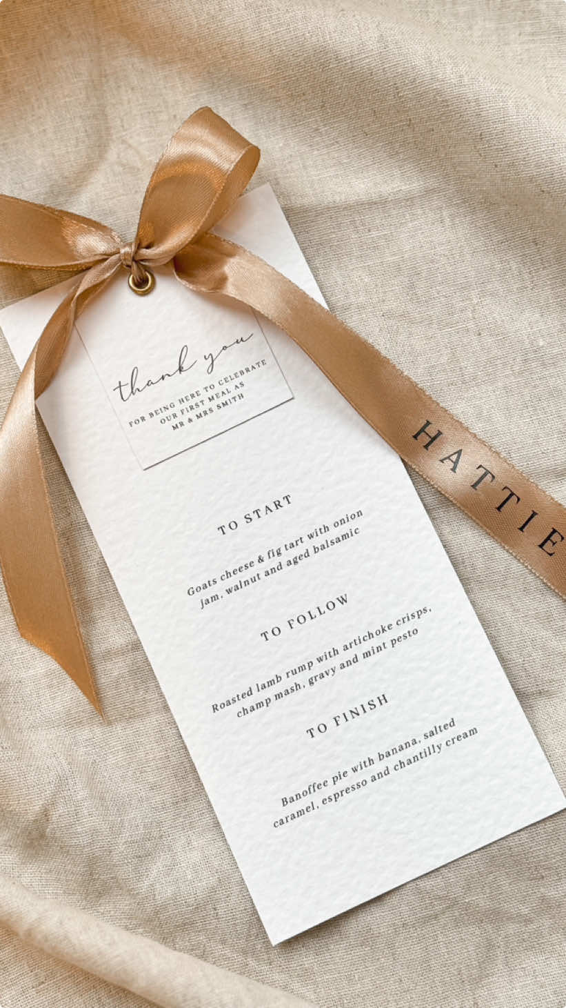 Say hello to our new 3-in-1 menu designs, completed with a little thank you note and a place name pressed onto beautiful ribbons! 😍  Ribbons are available in classic black, pristine white, delicate pale pink, bold red, and charming sage green. If you have a particular colour in mind, then just let me know and I’ll try my best to make it happen! 🤍 I had a lot of love from the back of my story yesterday of a sneak peak of these so thank you! 💖 I’m also sorry for all the options I’m giving to those who have already booked in with me 😇🤭  Let me know in the comments what you think!! 😍✨ #weddingmenus #weddingthankyou #weddingplacenames #weddingday #ribbon #weddingribbon #weddingbow #bowtheme #bowthemewedding #bridetobe #bride2025 #bride2026 #wedding2025 #wedding2026 #weddingstationery #weddingstationary #weddingdesigns #weddingdetails #weddingreception #weddingreceptiondecor #weddinginspiration #weddingplanning #weddingdiy #weddingplanner #classywedding #classicwedding #fyp #diybride 