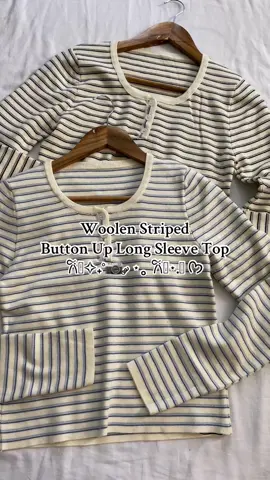 New woolen striped long sleeve top available >> #fyp #fypシ #fypシ゚viral #longsleeve #top #woolentop #striped #buttonup #everydaywear 