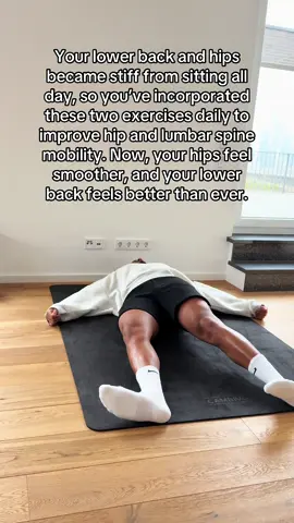 Feeling stiff and tight in your lower back and hips after long hours of sitting? Try these two exercises for one minute each. These exercises help improve hip and lumbar spine mobility, which may help relieve pain and stiffness in that area. Give them a try and let me know how you feel! #lowbackpain #mobility #backpain #movement #fyp 
