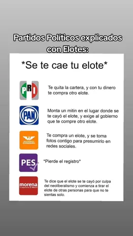 Partidos Políticos de México explicados con elotes 😜🙈 #accion #accionnacional #accionnacional💙💙💙 #morena #partidomorena #pt #pri #pes #movimientociudadano #mc #movimientociudadano🍊 #explicacion #humor #memes #politica #politicaltiktok #political #politicamexicana #politicalhumor #politicalcomedy #politicalnews 