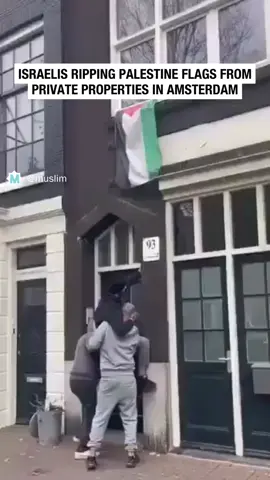 Israelis ripping flags from private properties in Amsterdam. #amsterdam #news #fyp #muslim 