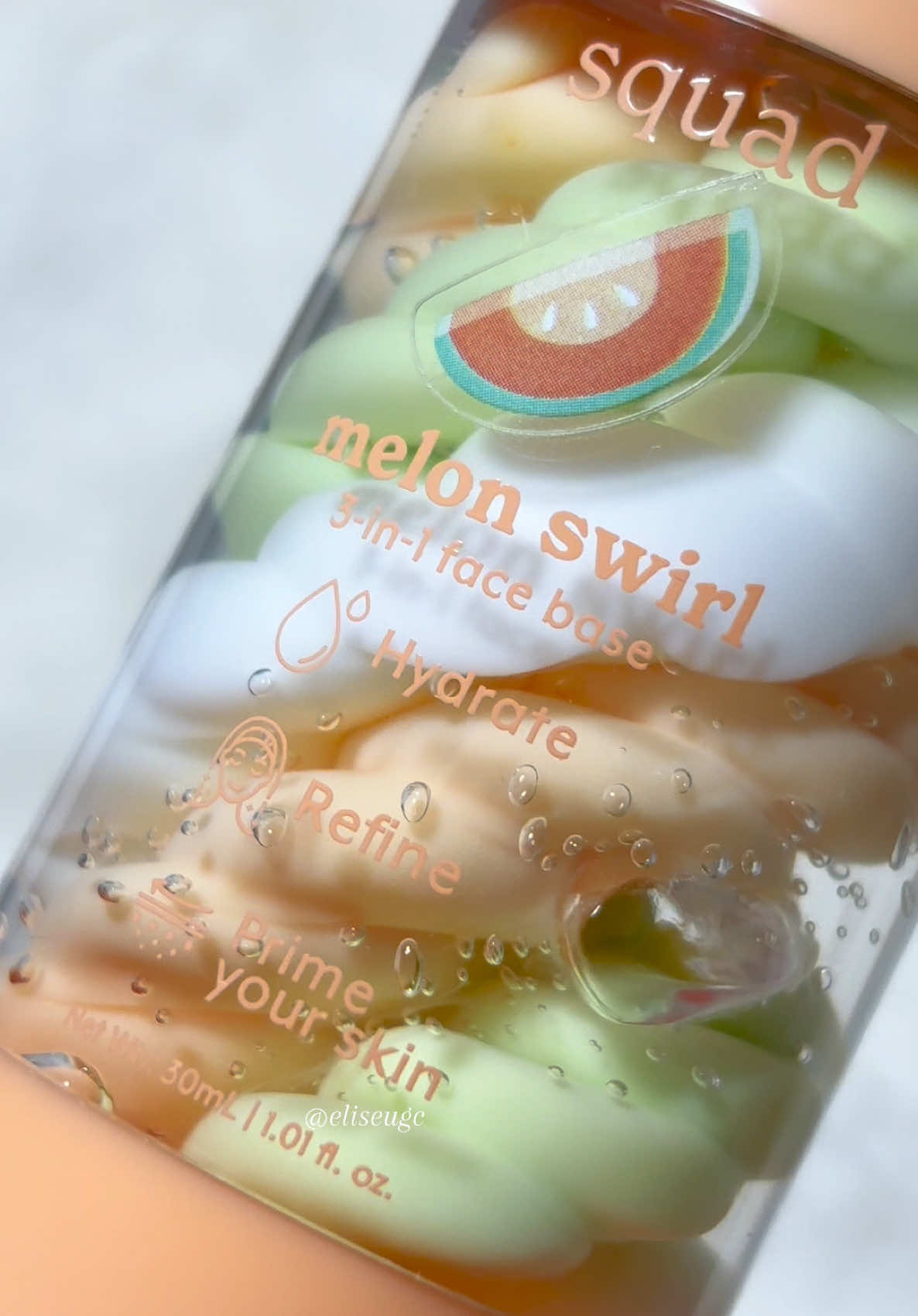 i got the melon swirl primer from @Squad Cosmetics! 😍 the packaging is so cute and i like that they went through the airless pump route so you can gather every single bit of product as you use it up. you also can’t ruin the swirl unless you REALLY want to 🤣 i love, love the swirl and how unique it looks. it actually reminds me of fluffly marshmallows 🤍💚🧡 i use this in the morning as a moisturizer/primer and i’m glad to report that it does brighten your face a bit without leaving a whitecast (i’m morena). it provides ample hydration while keeping your makeup intact and smooth all throughout the day. it’s lightweight with a dewy finish but after using a skin tint with some finishing powder i’m pretty much good to go so i’d say this is still oily skin friendly. i usually don’t like products with a dewy finish, but this one works pretty well and doesn’t interfere with matte makeup. 👍 for those concerned, do keep in mind that this product contains parabens, which is something to look out for if you’re sensitive to those particular ingredients. otherwise, i’d say this is a pretty good buy! ✨ #squadcosmetics #squadmelonswirl #melonswirl #melonswirlprimer #squadprimer 