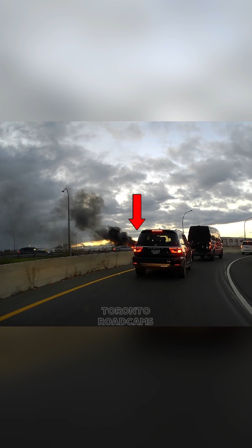 stopping in the middle of a ramp to film something is just crazy. The van was driven by an employee from Surnet Communications with Ontario license plate CA45581 #dashcam #toronto #dashcamvideos  #torontodriving #fire 